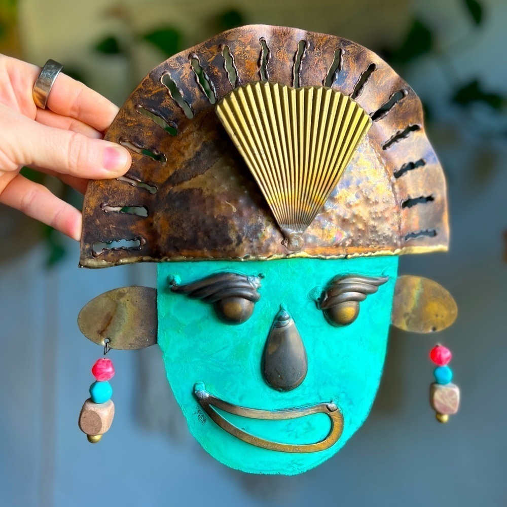 🇲🇽 Vintage Mexican Copper & Brass Folk Art Mask Handcrafted Wall Hanging Boho